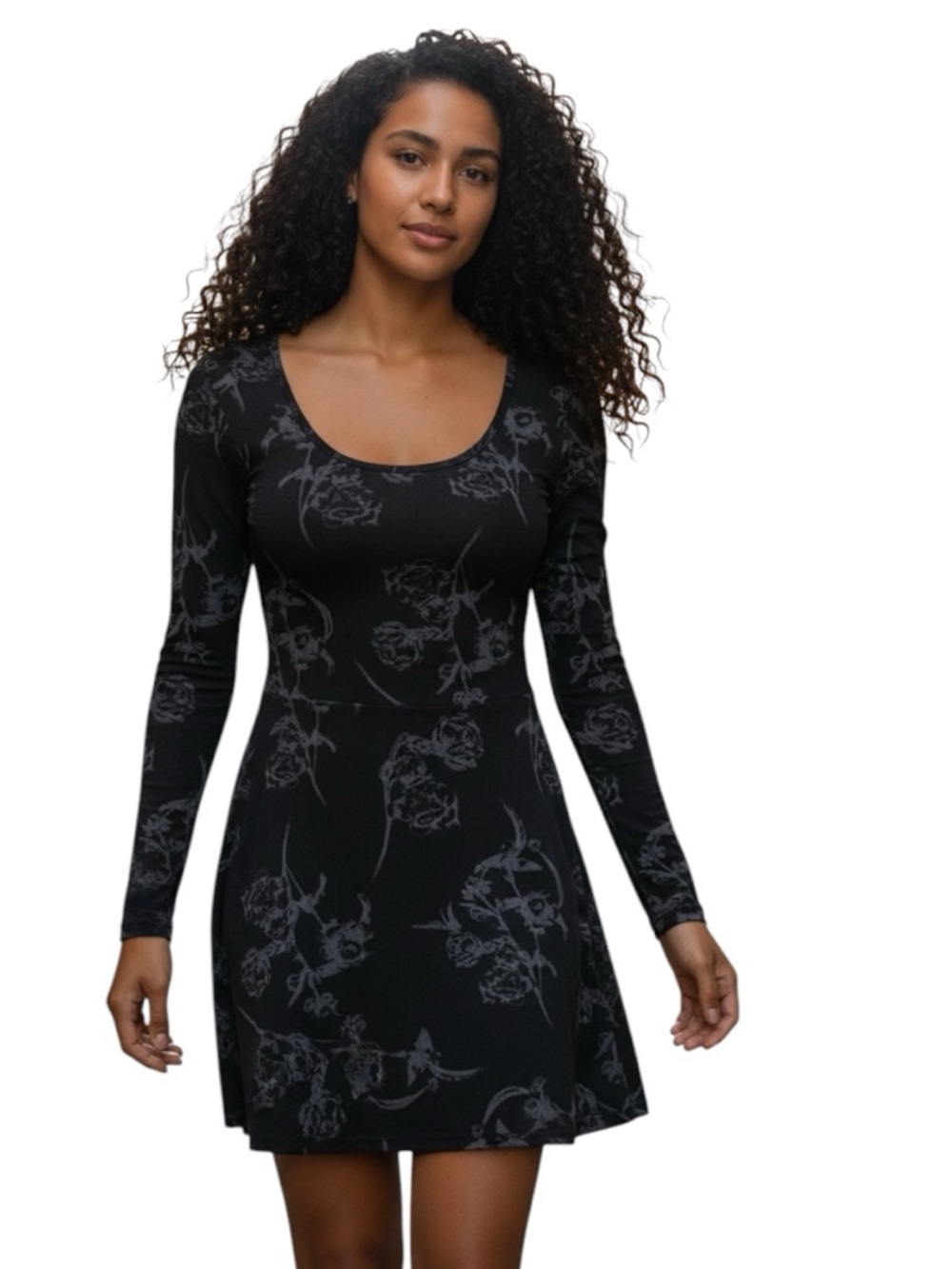 Obey Black Fit & Flare Long Sleeve Dress w/ Burnout Floral Design. Velour Feel